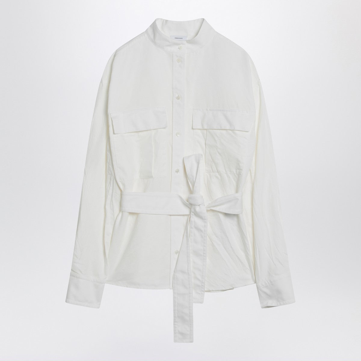 Ferragamo White Belted Cotton-Blend Shirt with Patch Pockets White