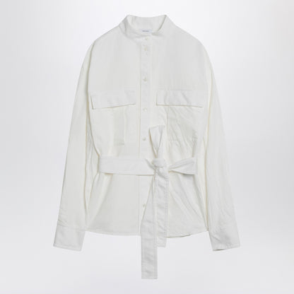 Ferragamo White Belted Cotton-Blend Shirt with Patch Pockets White