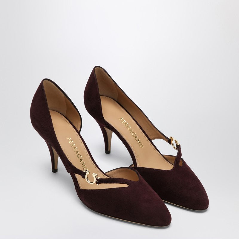 Ferragamo Pumps with Gancini Detail in Dark Barolo Suede Blue