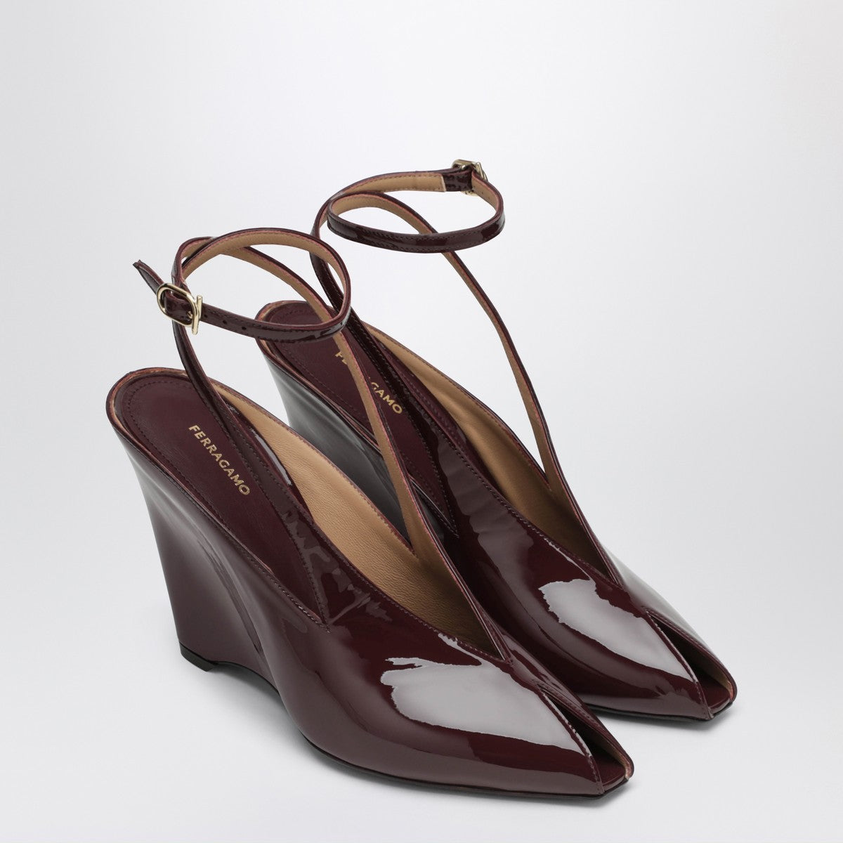 Ferragamo Peep Toe Patent Leather Wedge Sandals Bordeaux Metal