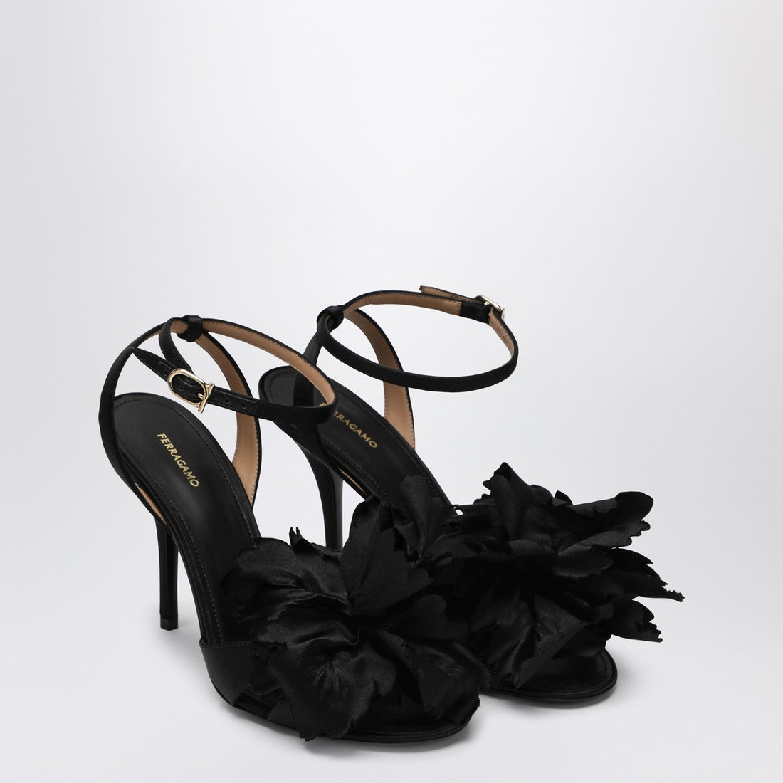 Ferragamo Black Satin Flower-Embellished High-Heel Sandals Black