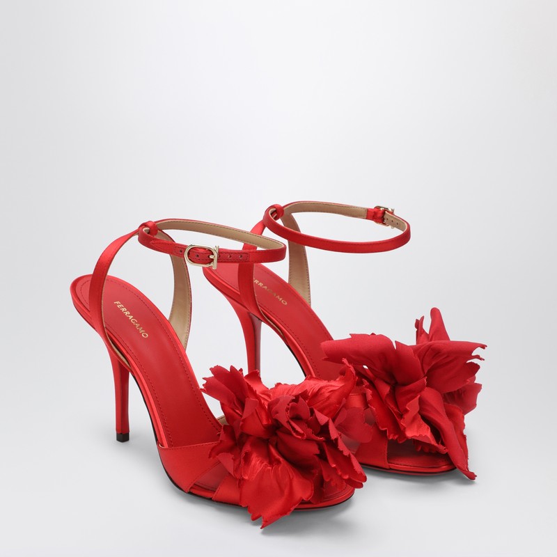 Ferragamo Red Satin Sandals With Floral Detail Red
