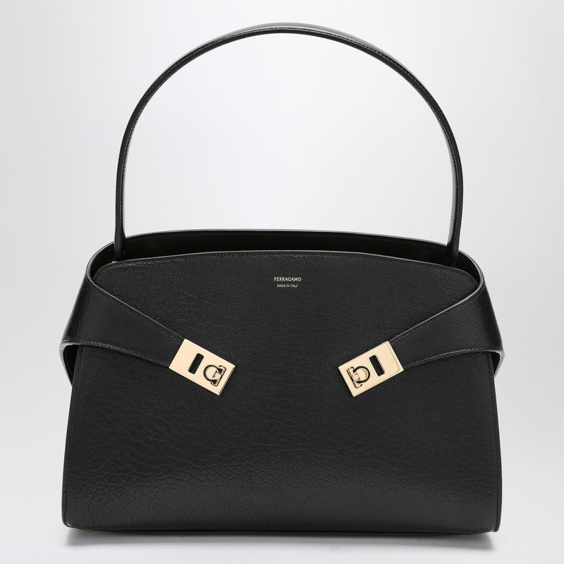 Ferragamo Black and Brown Leather Hug M Shoulder Bag Black