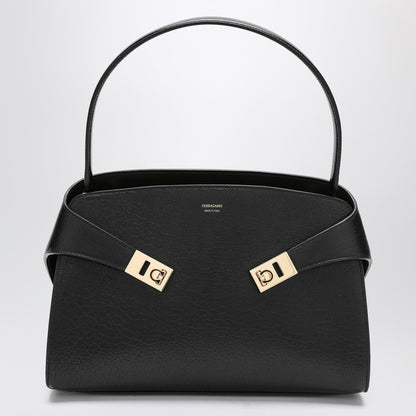 Ferragamo Black and Brown Leather Hug M Shoulder Bag Black