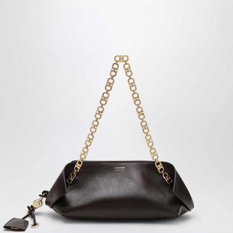 Ferragamo Shoulder Bag S in Dark Brown Leather with Gold Gancini Handle Brown