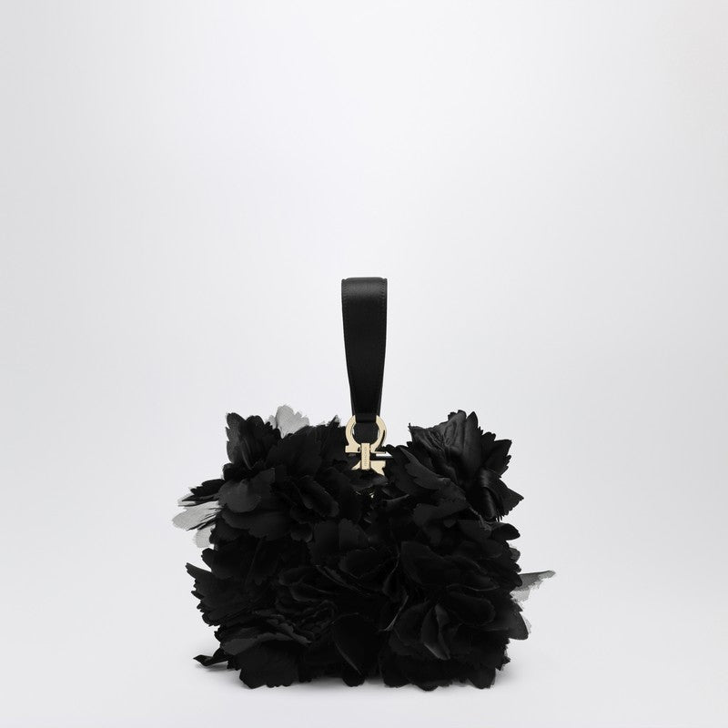 Ferragamo Mini Satin Clutch with Organza Flowers Black