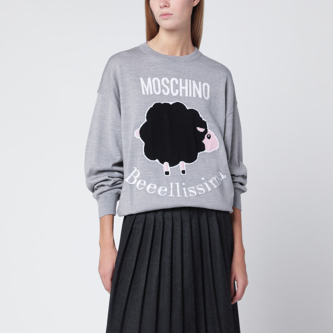 Moschino Grey virgin wool crewneck sweater with intarsia logo Grey