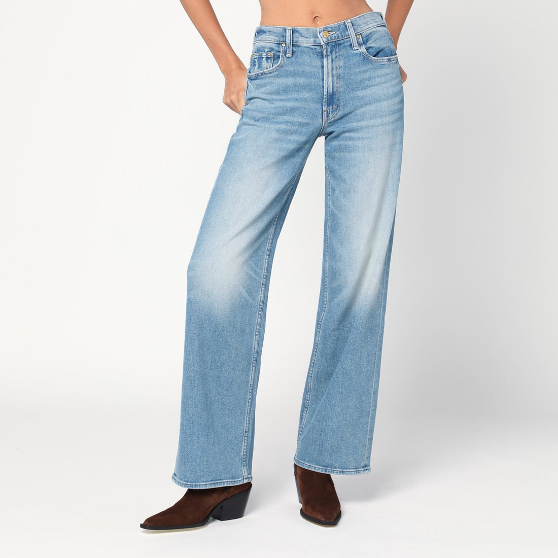 Mother The Spinner Zip Sneak Wide-Leg Jeans Light Blue