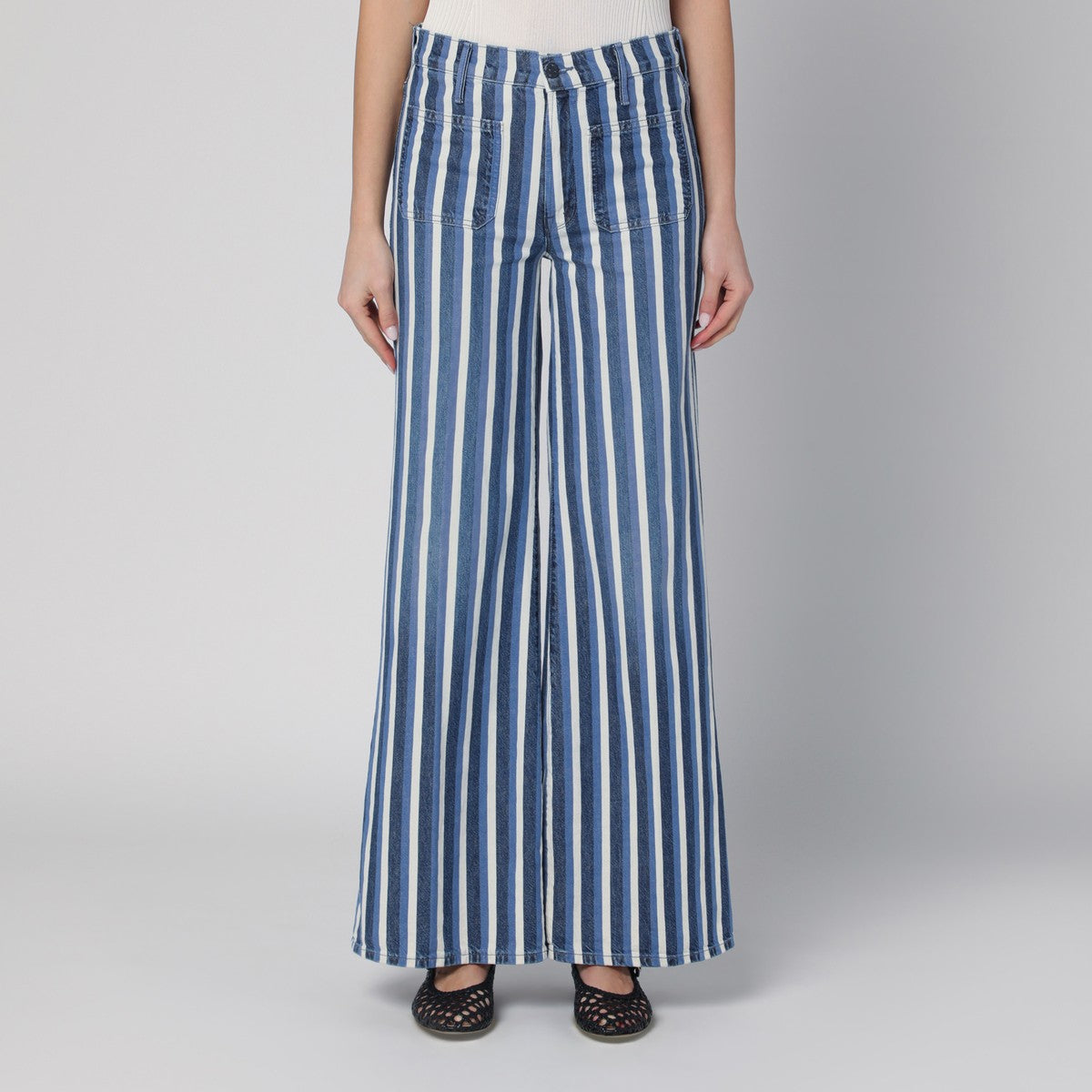 Mother The Patch Pocket Twister Sneak Striped Wide-Leg Jeans Blue