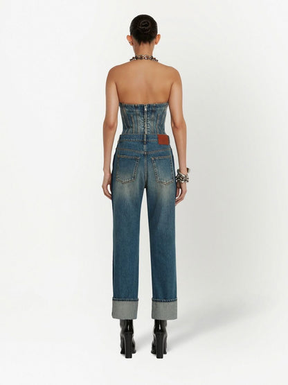 Alexander McQueen Turn-Up Hem High-Waisted Straight-Leg Jeans Blue