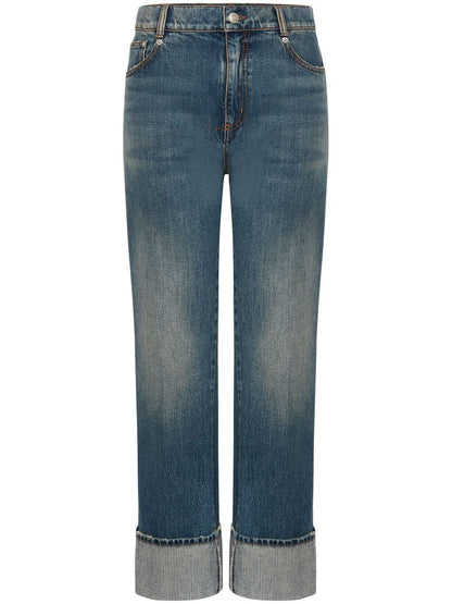 Alexander McQueen Turn-Up Hem High-Waisted Straight-Leg Jeans Blue
