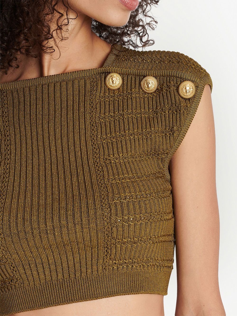 Balmain Knitted Button-Detail Cropped Top Khaki
