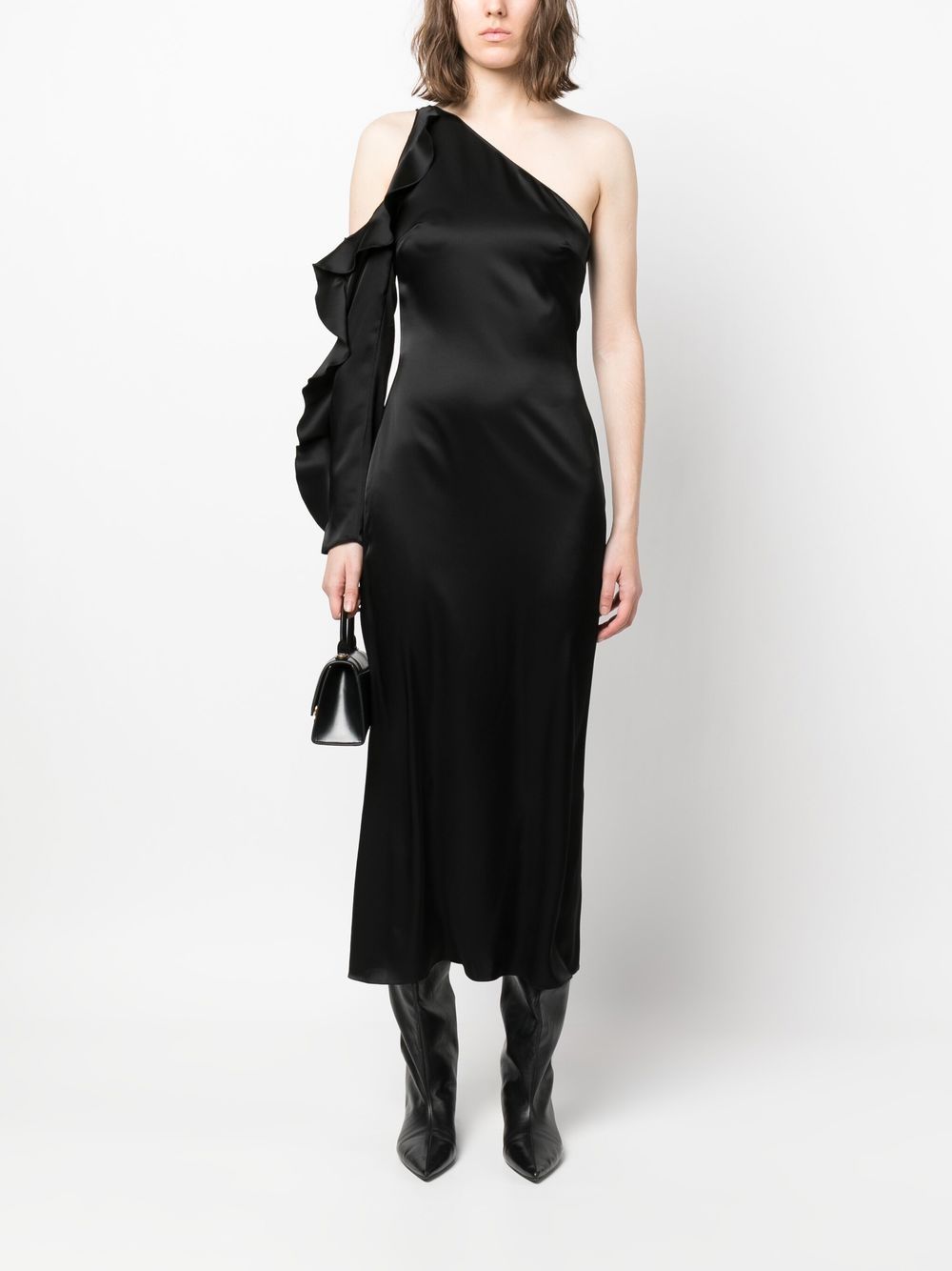 David Koma Asymmetric Ruffled Satin Midi Dress Black