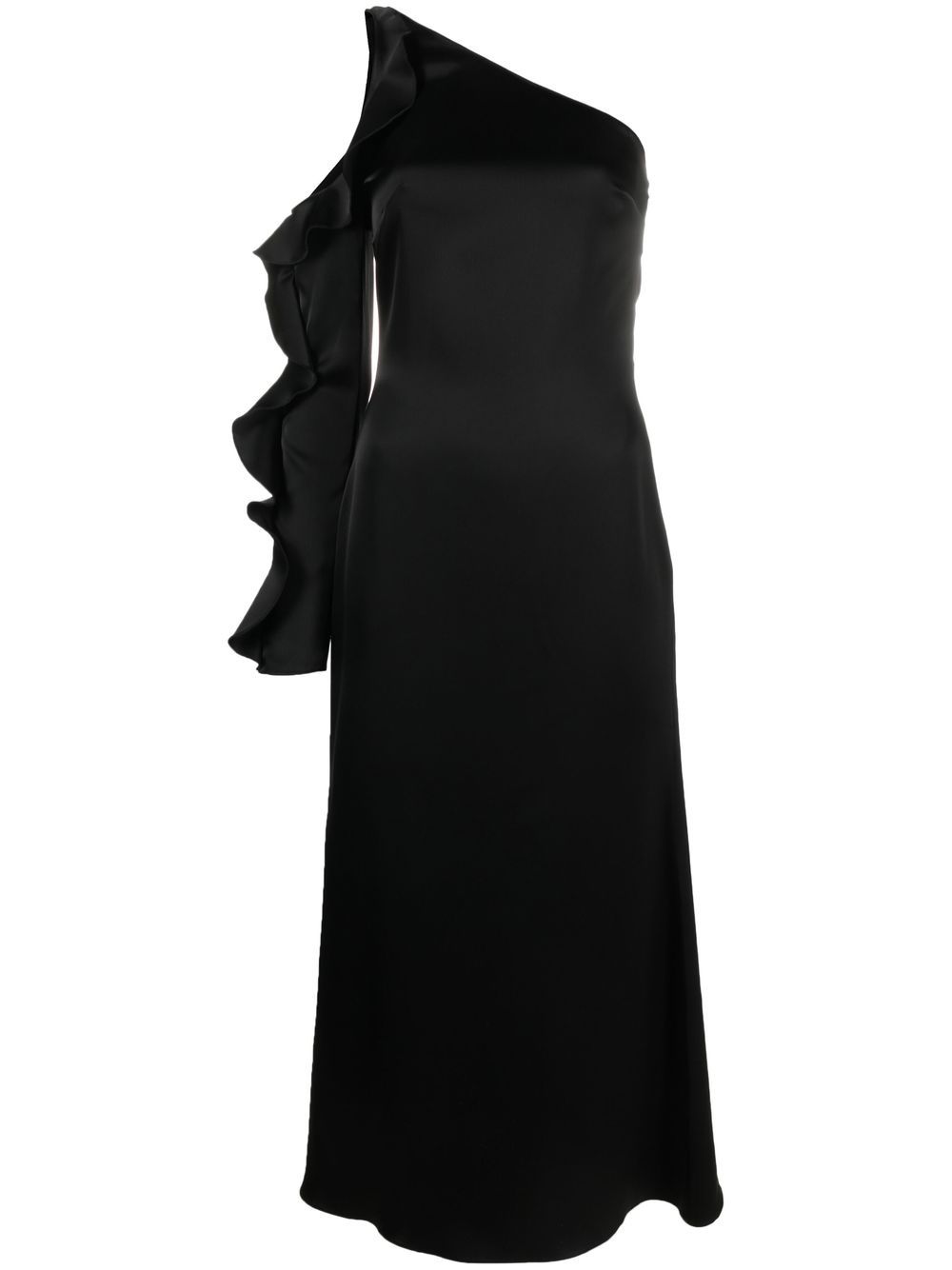 David Koma Asymmetric Ruffled Satin Midi Dress Black
