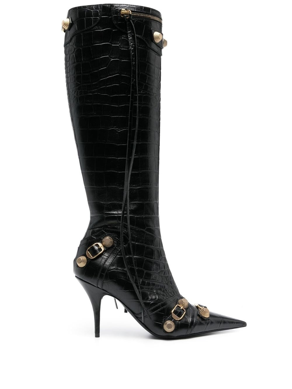 Balenciaga 90mm Cagole Croc-Embossed Leather Knee Boots Black