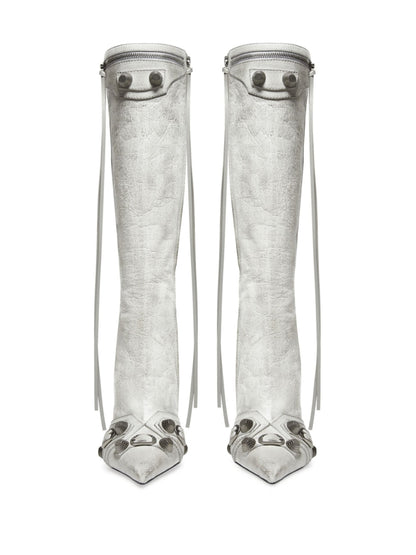 Balenciaga Cagole Pointed-Toe Studded Leather Boots White