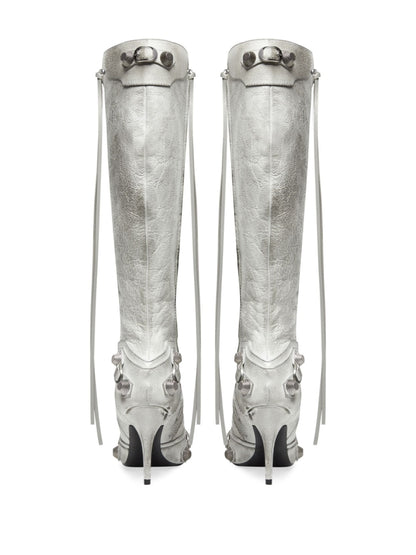Balenciaga Cagole Pointed-Toe Studded Leather Boots White