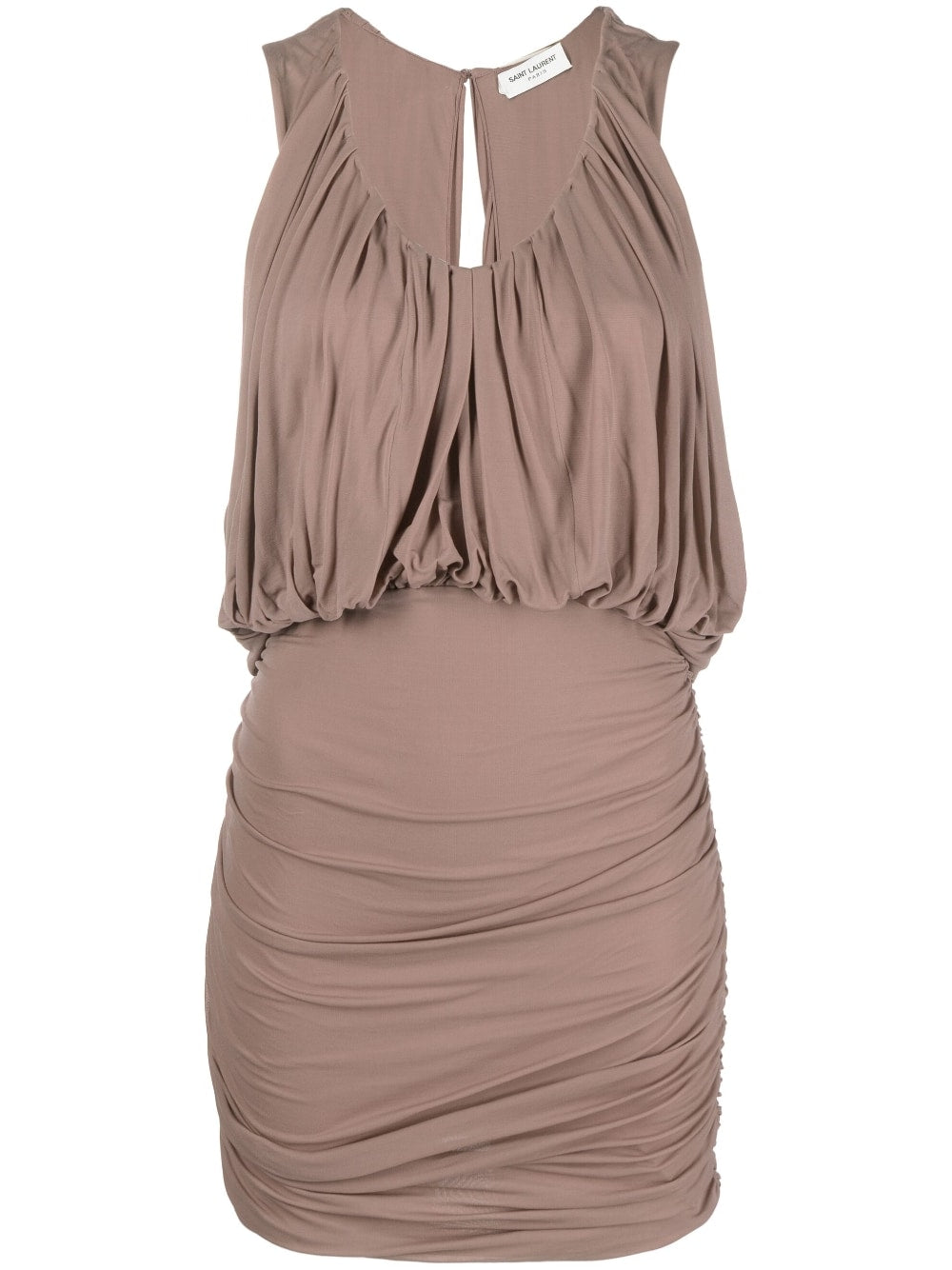 Saint Laurent Sleeveless Draped Mini Dress Brown