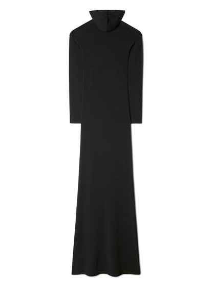 Off White High-Neck Floral-Appliqué Hooded Long Dress Black