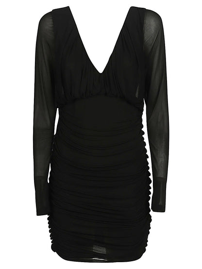 Saint Laurent Long-Sleeved Ruched Jersey Short Dress Black