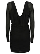 Saint Laurent Long-Sleeved Ruched Jersey Short Dress Black