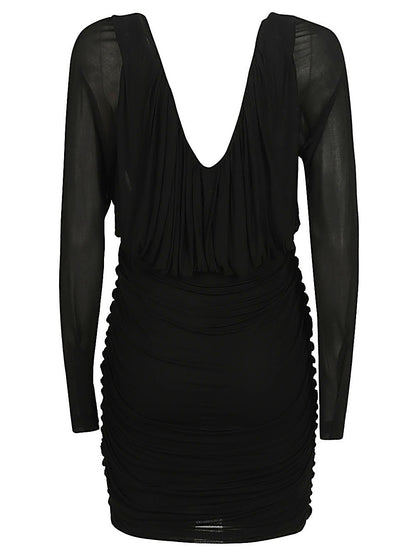 Saint Laurent Long-Sleeved Ruched Jersey Short Dress Black