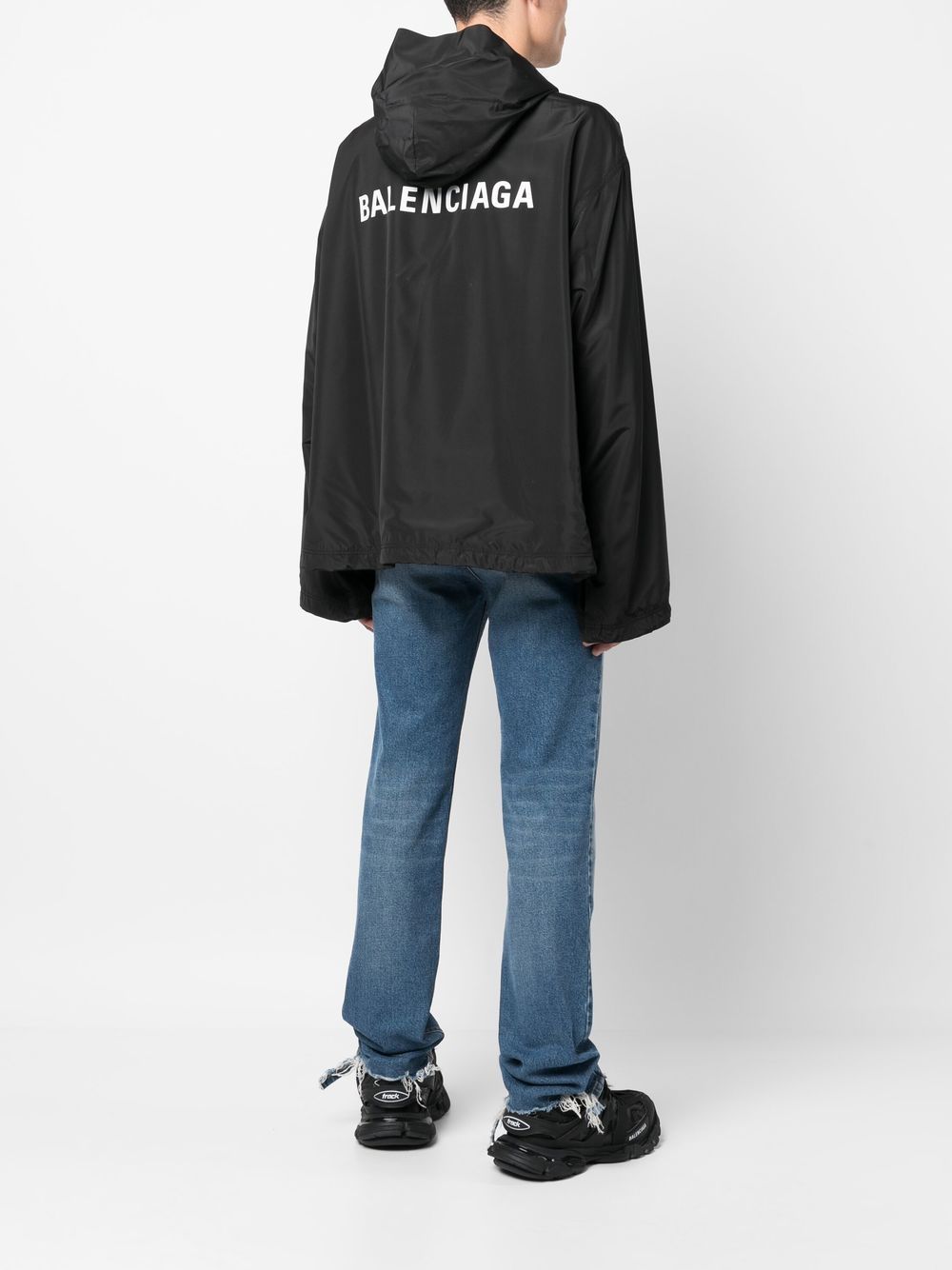 Balenciaga Logo-Print Hooded Nylon Windbreaker Black