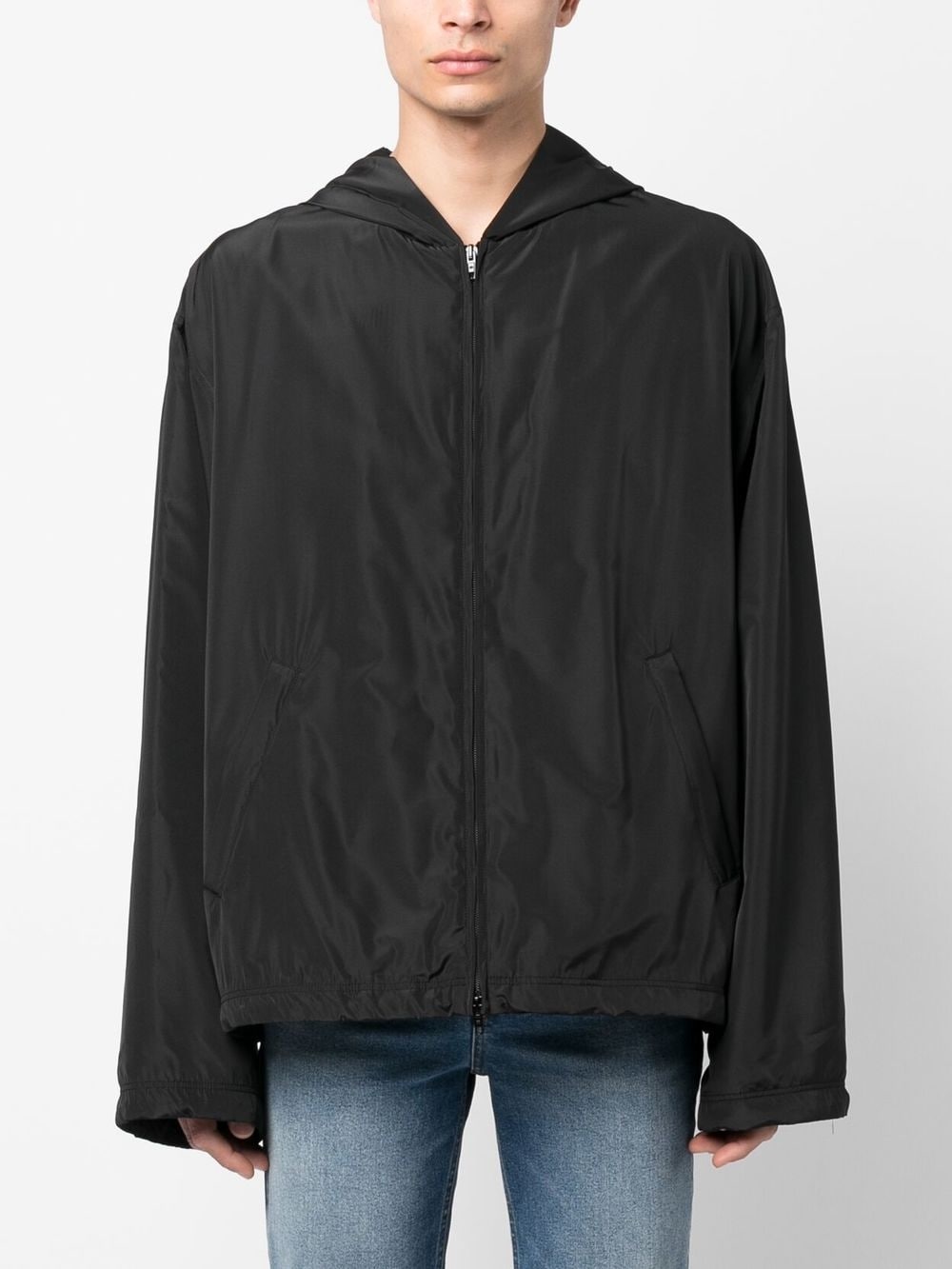 Balenciaga Logo-Print Hooded Nylon Windbreaker Black