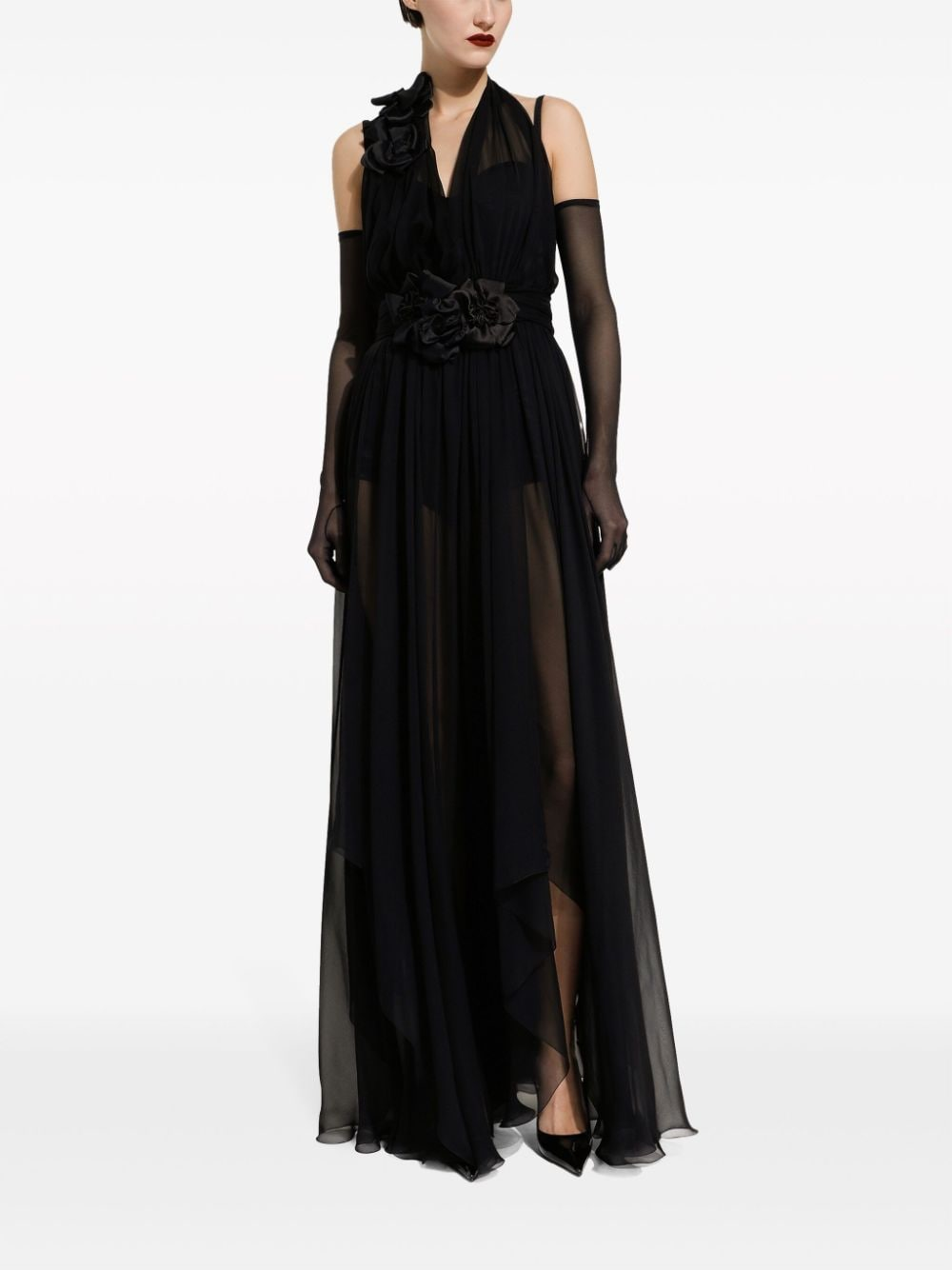 D&amp;G Long silk chiffon dress with floral detailing