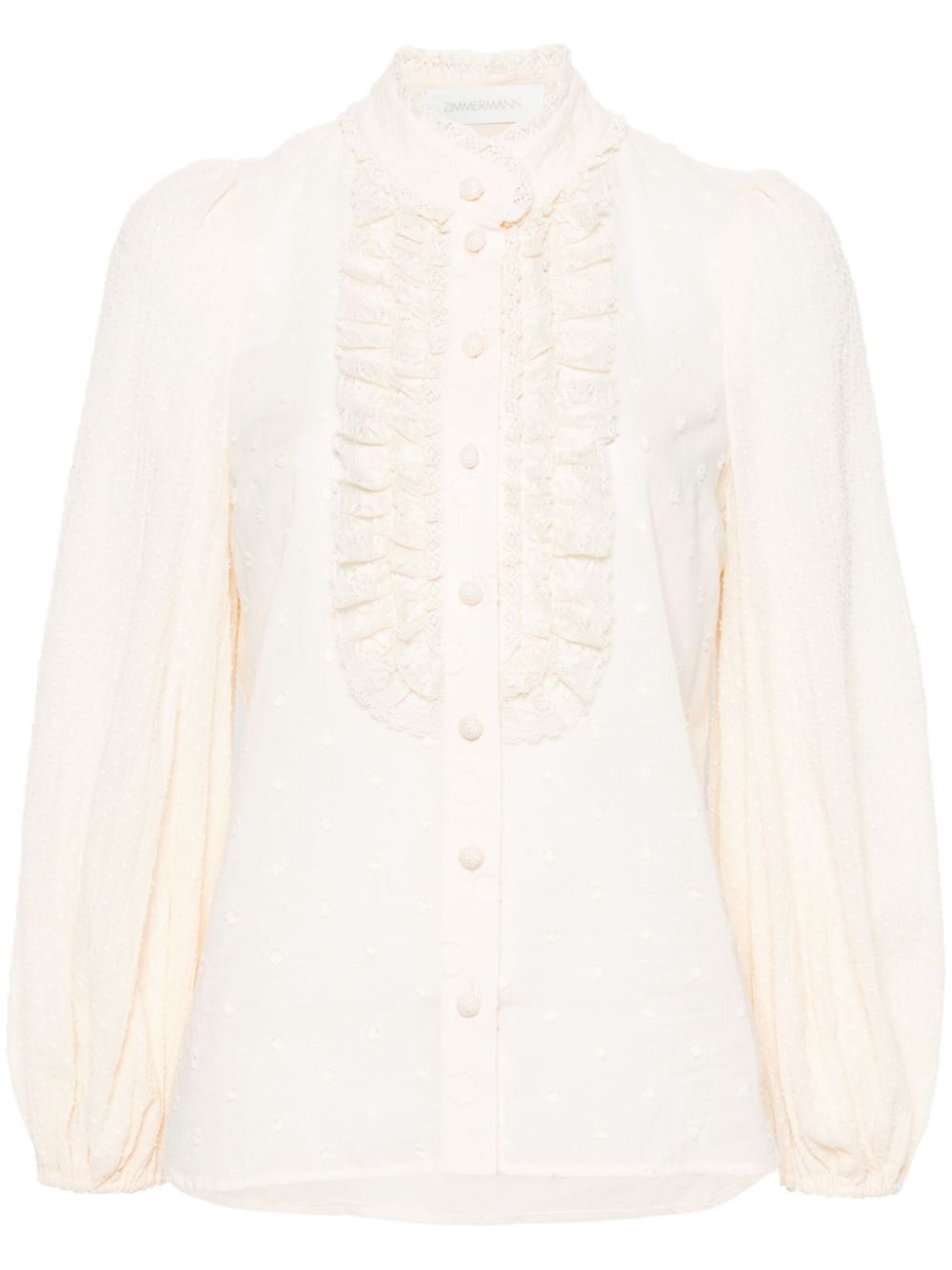 Zimmermann Mock-Neck Polka Dot Cotton Blouse Beige