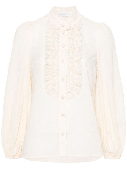 Zimmermann Mock-Neck Polka Dot Cotton Blouse Beige