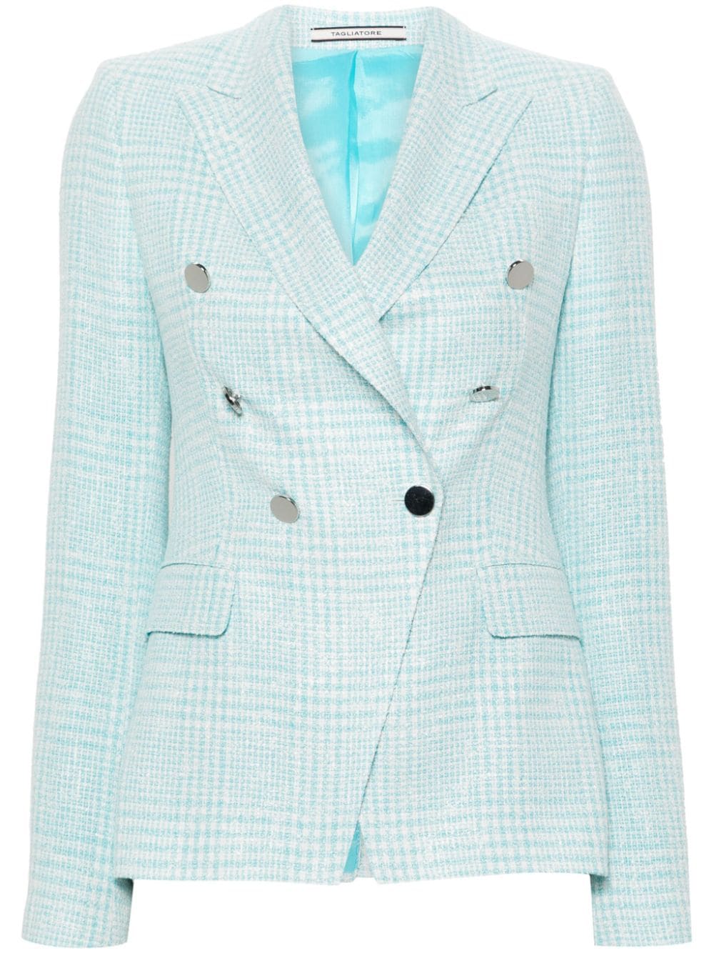 Tagliatore Double-Breasted Tartan Check Blazer in Clear Blue clear blue