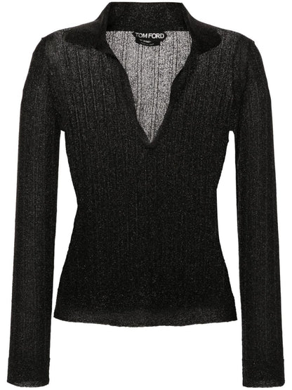 Tom Ford Metallic Ribbed Semi-Sheer Lurex Polo Shirt Black