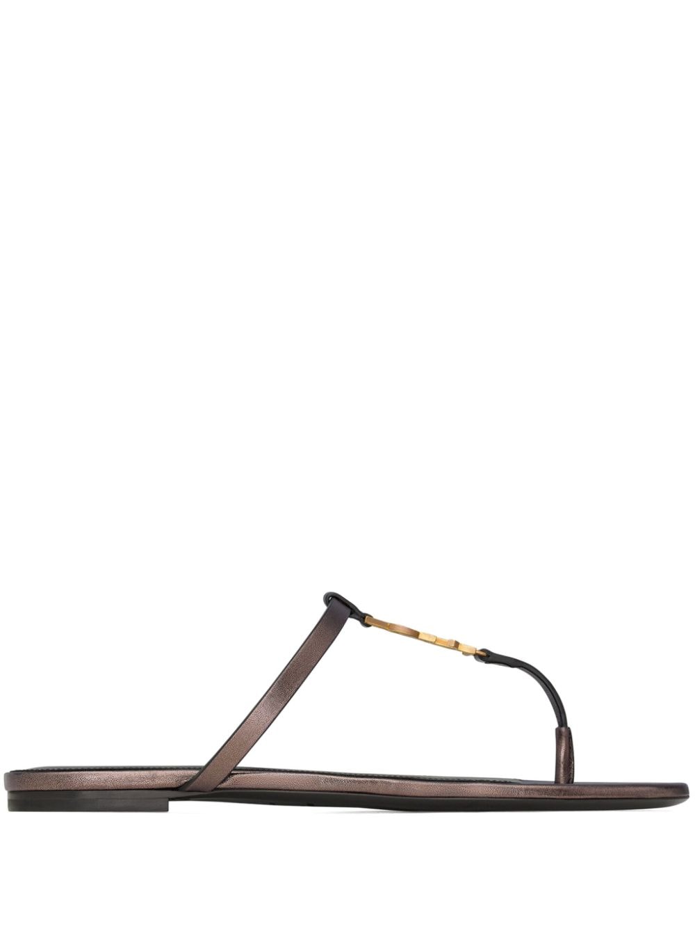 Saint Laurent Cassandre Leather Thong Sandals Brown