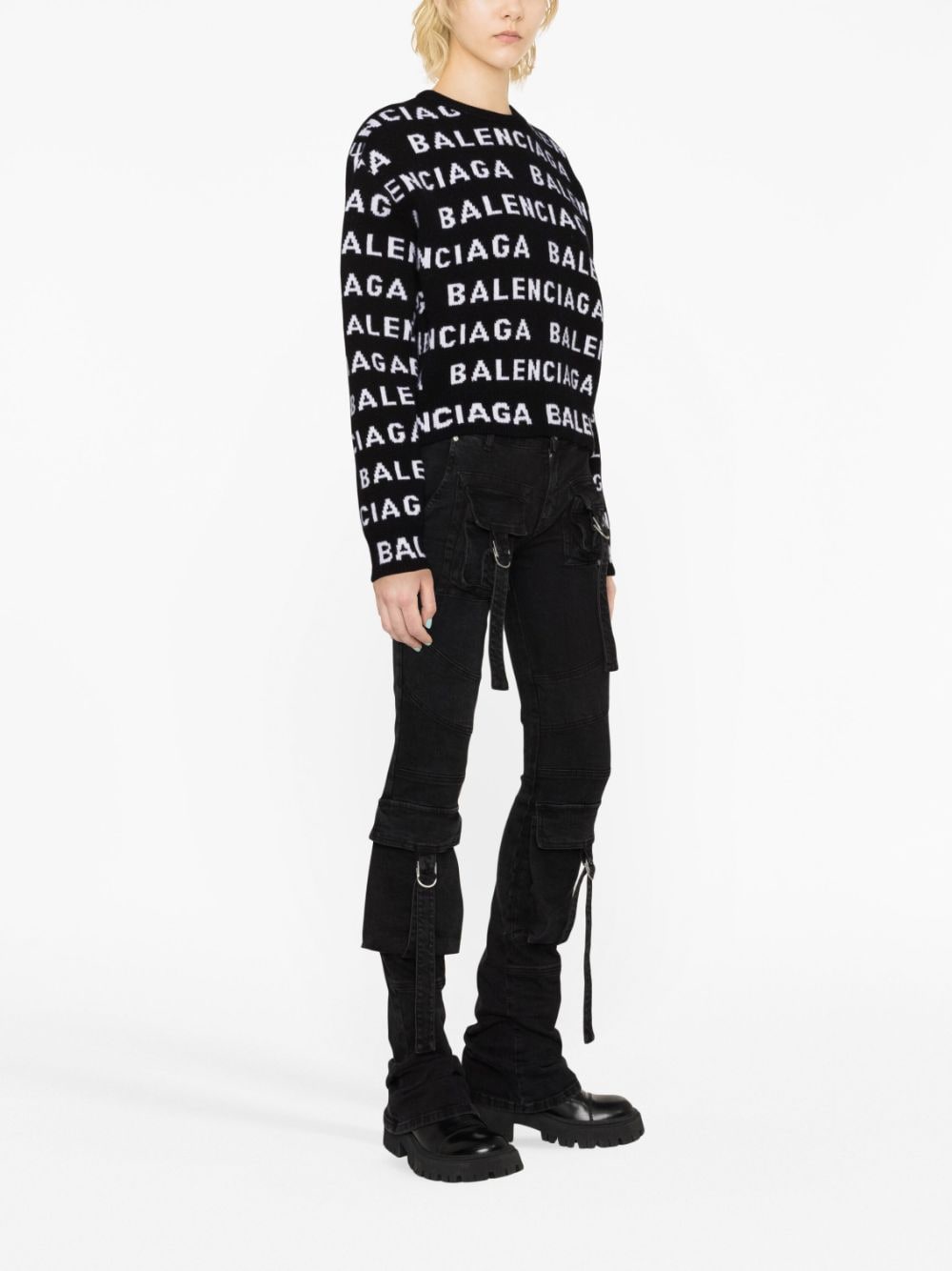 Balenciaga Logo-Intarsia Wool-Blend Cropped Sweater Black black
