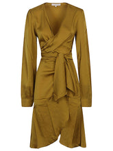 Silk95Five Short Silk Dress with V-Neck Knot Golden
