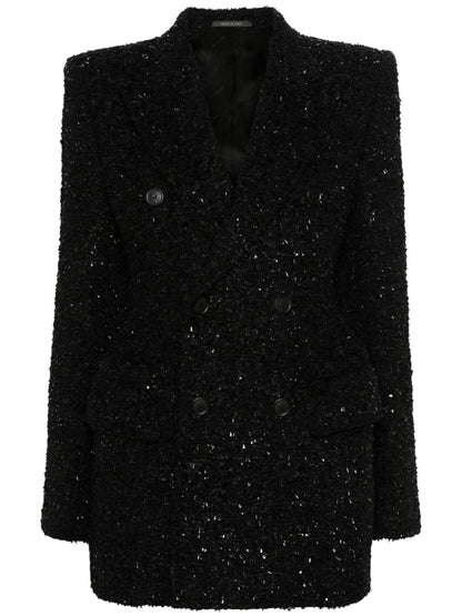 Balenciaga Hourglass tweed-texture padded-shoulder wool-blend blazer BLACK