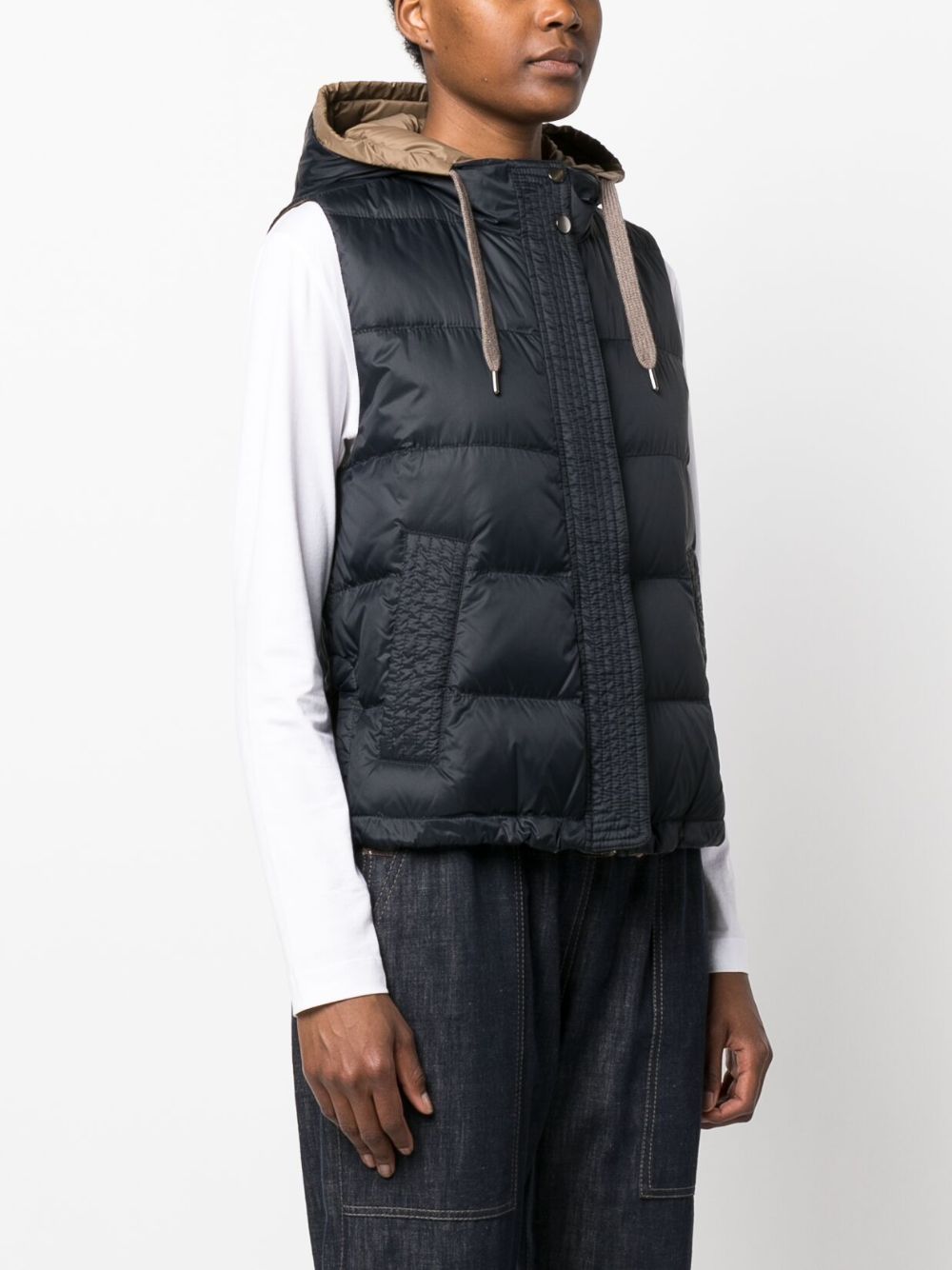 Brunello Cucinelli Quilted Down Hooded Nylon Vest Blue