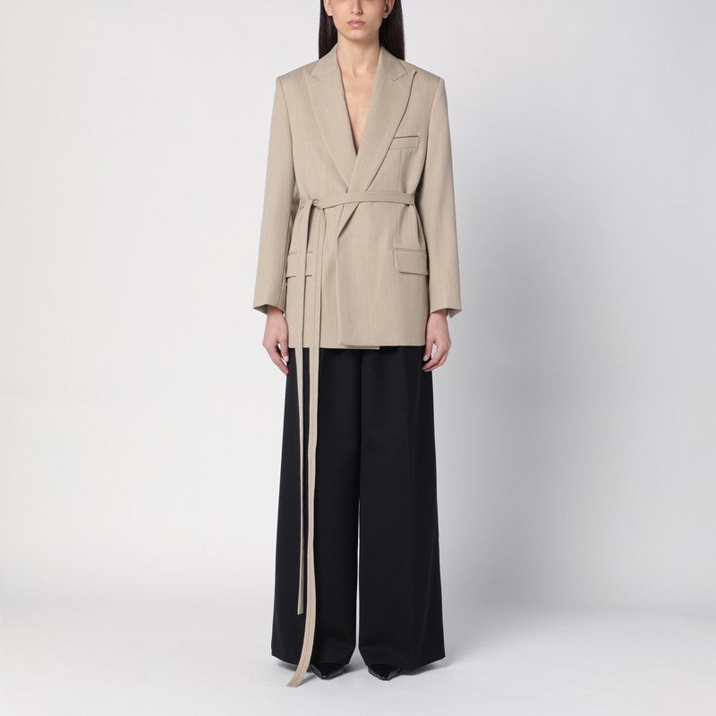 Victoria Beckham Belted Wool Jacket with Peaked Lapels Beige Brown