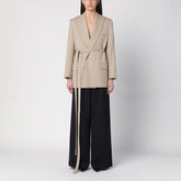 Victoria Beckham Belted Wool Jacket with Peaked Lapels Beige Brown