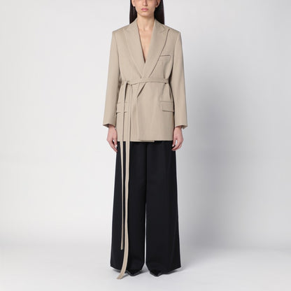 Victoria Beckham Belted Wool Jacket with Peaked Lapels Beige Brown