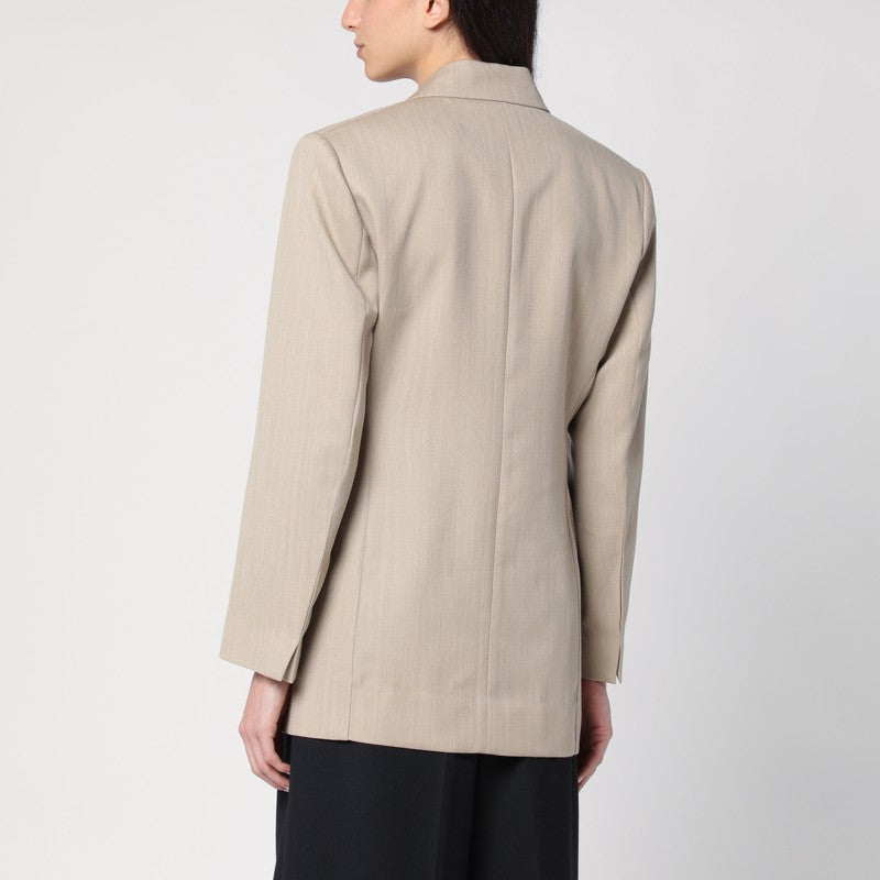 Victoria Beckham Belted Wool Jacket with Peaked Lapels Beige Brown