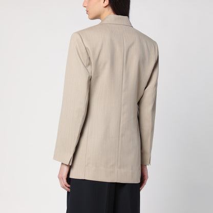 Victoria Beckham Belted Wool Jacket with Peaked Lapels Beige Brown