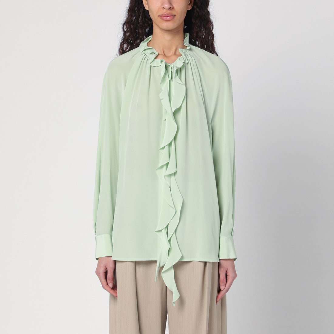Victoria Beckham Light Green Silk Ruffled Shirt with Curved Hem Green