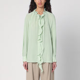 Victoria Beckham Light Green Silk Ruffled Shirt with Curved Hem Green