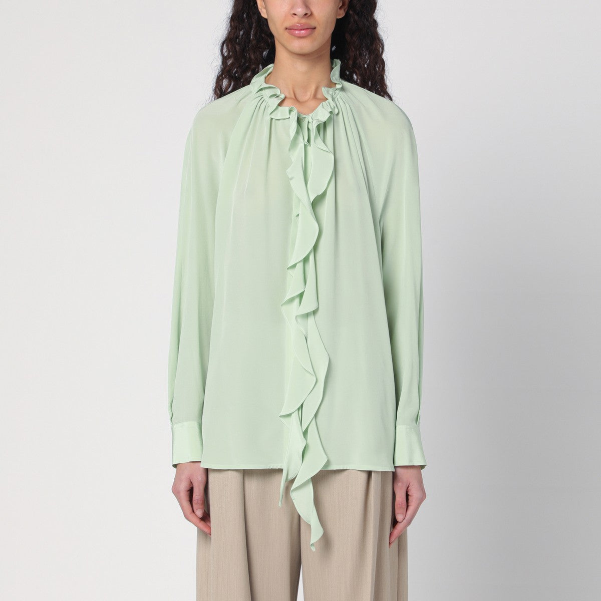 Victoria Beckham Light Green Silk Ruffled Shirt with Curved Hem Green