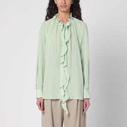 Victoria Beckham Light Green Silk Ruffled Shirt with Curved Hem Green