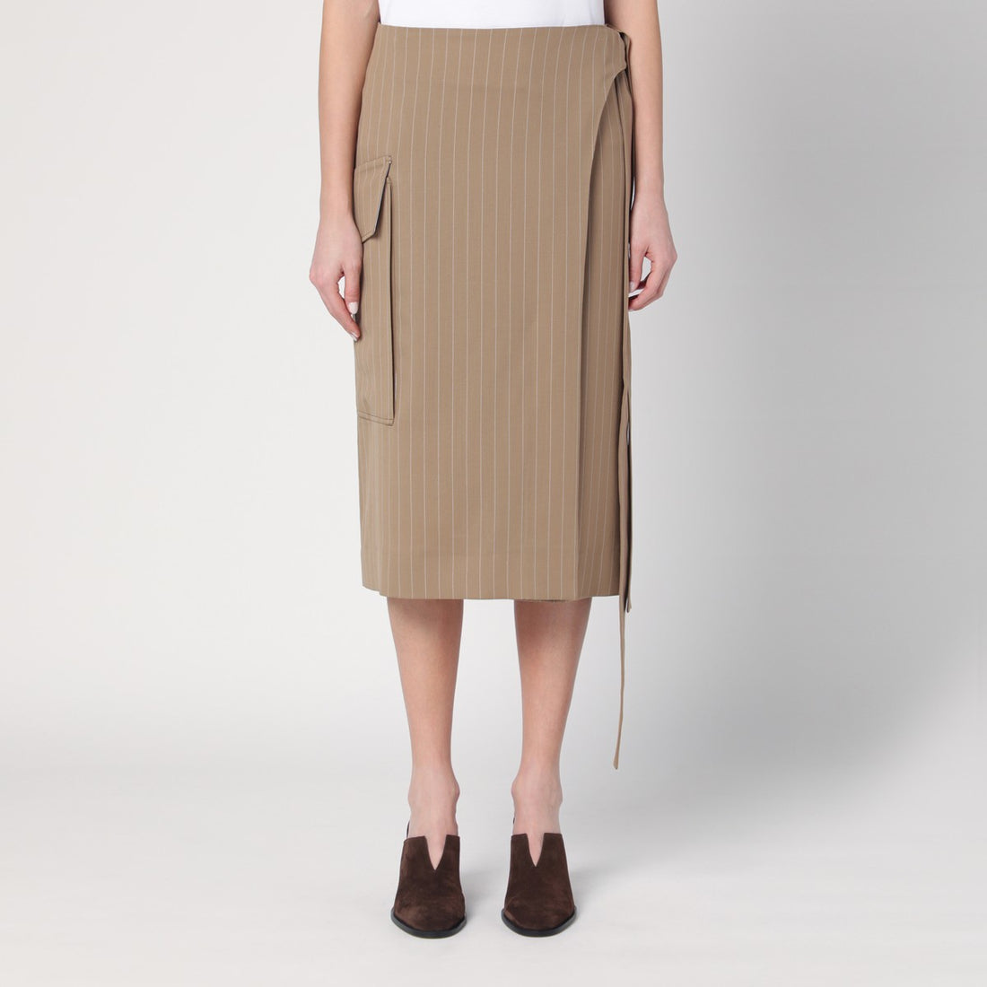 Victoria Beckham Sand Pinstriped Virgin Wool Wrap Skirt Beige