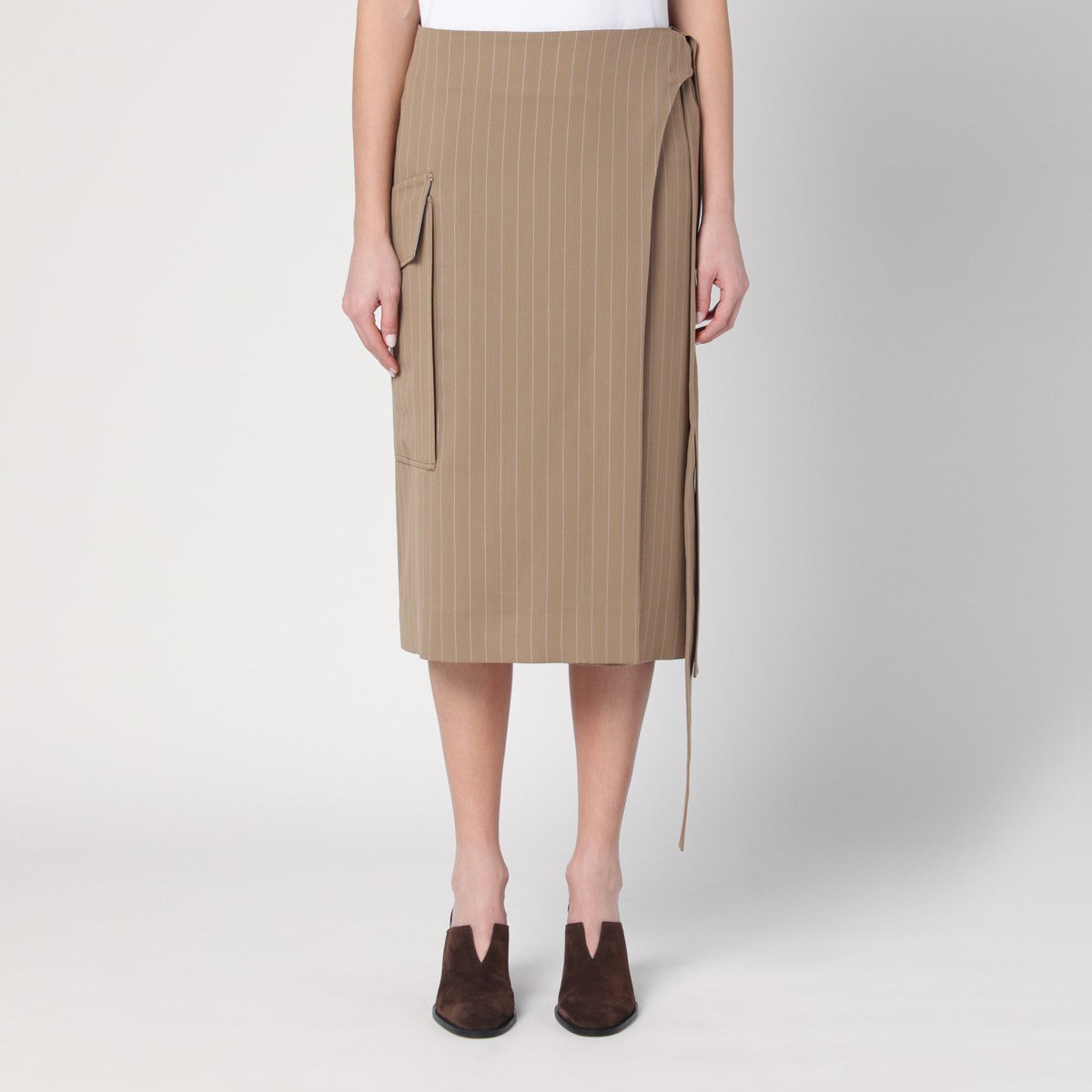 Victoria Beckham Sand Pinstriped Virgin Wool Wrap Skirt Beige