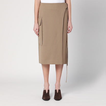 Victoria Beckham Sand Pinstriped Virgin Wool Wrap Skirt Beige